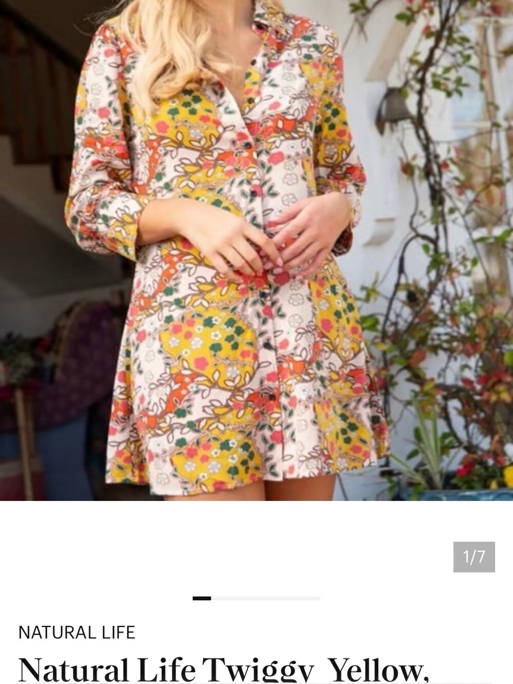 Natural Life Twiggy  Yellow, Green & Coral Mini Shirt Dress Sz S